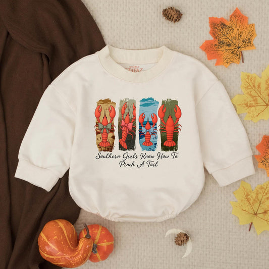 Southern Charm Crawfish Romper: 'Pinch a Tail' Fun! Baby Girl's Country Outfit with Red Crawfish Bow Ties, Toddler Sweatshirt Gift 130-140 Characters