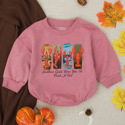 Southern Charm Crawfish Romper: 'Pinch a Tail' Fun! Baby Girl's Country Outfit with Red Crawfish Bow Ties, Toddler Sweatshirt Gift 130-140 Characters