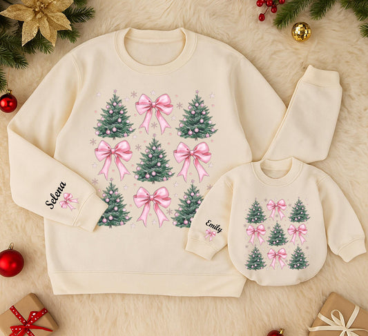 Personalized Matching Family Christmas Tree Pink Bow Outfits Green Trees Pink Ornaments Snowflakes Girly Winter Holiday Apparel with Names