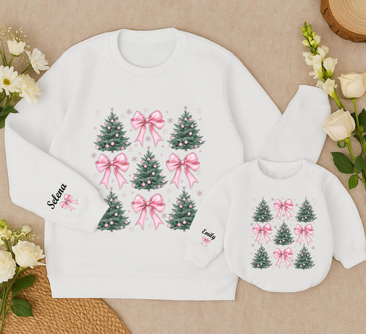 Personalized Matching Family Christmas Tree Pink Bow Outfits Green Trees Pink Ornaments Snowflakes Girly Winter Holiday Apparel with Names