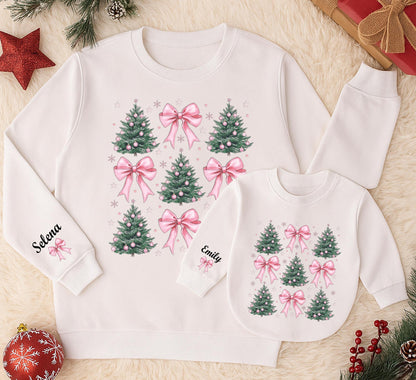 Personalized Matching Family Christmas Tree Pink Bow Outfits Green Trees Pink Ornaments Snowflakes Girly Winter Holiday Apparel with Names