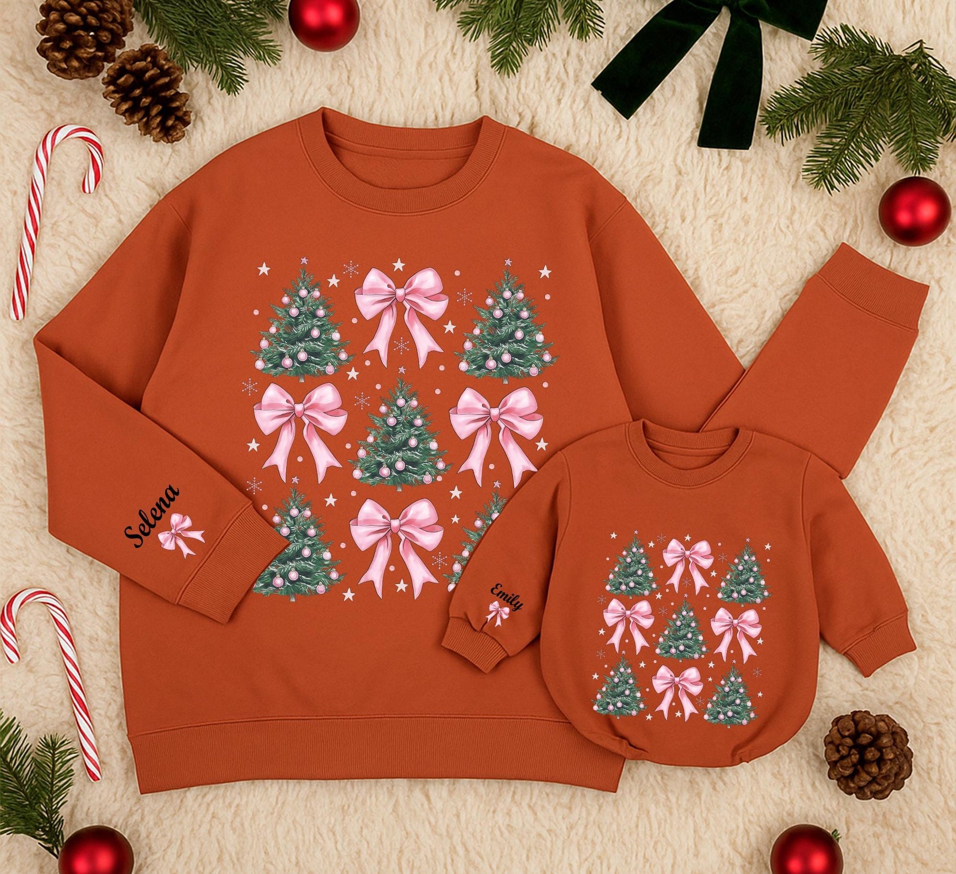 Personalized Matching Family Christmas Tree Pink Bow Outfits Green Trees Pink Ornaments Snowflakes Girly Winter Holiday Apparel with Names