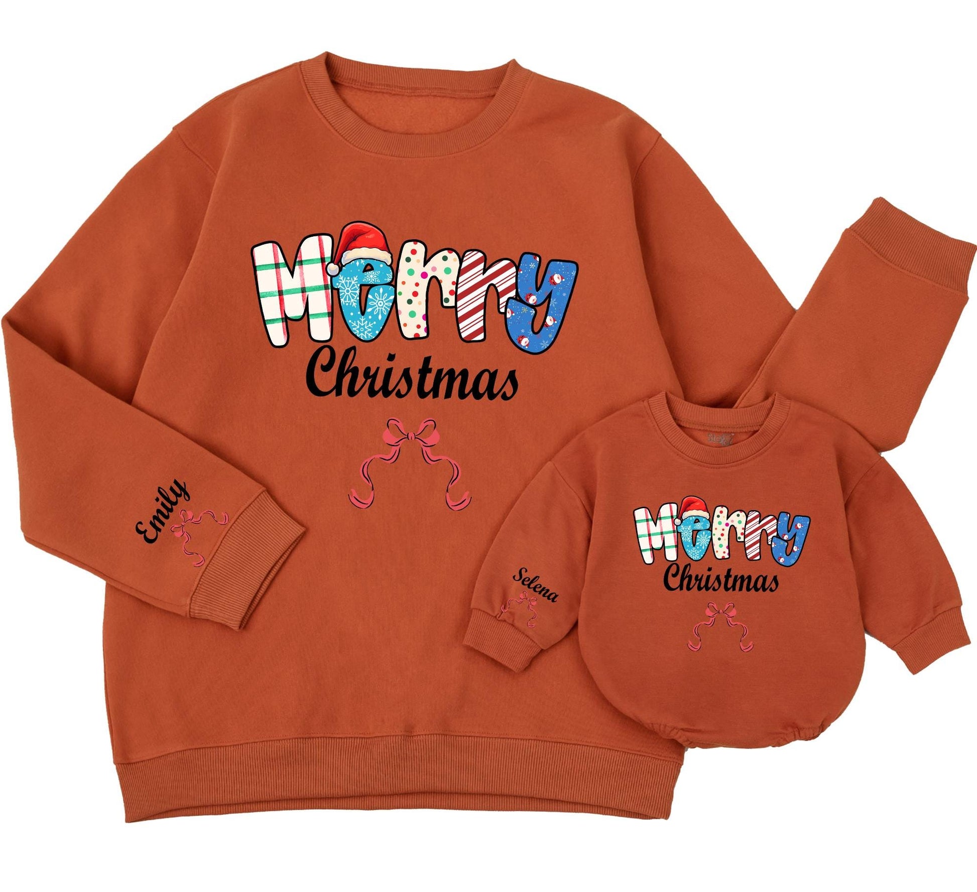 Merry Christmas Sweatshirt Personalized Holiday Sweater with Bows, Trendy Xmas Outfit for Women, Toddler, Baby Romper - Emily & Selena Names 138