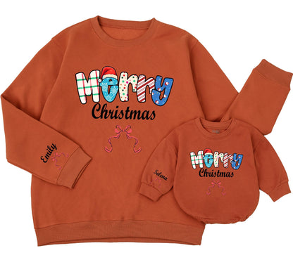 Merry Christmas Sweatshirt Personalized Holiday Sweater with Bows, Trendy Xmas Outfit for Women, Toddler, Baby Romper - Emily & Selena Names 138