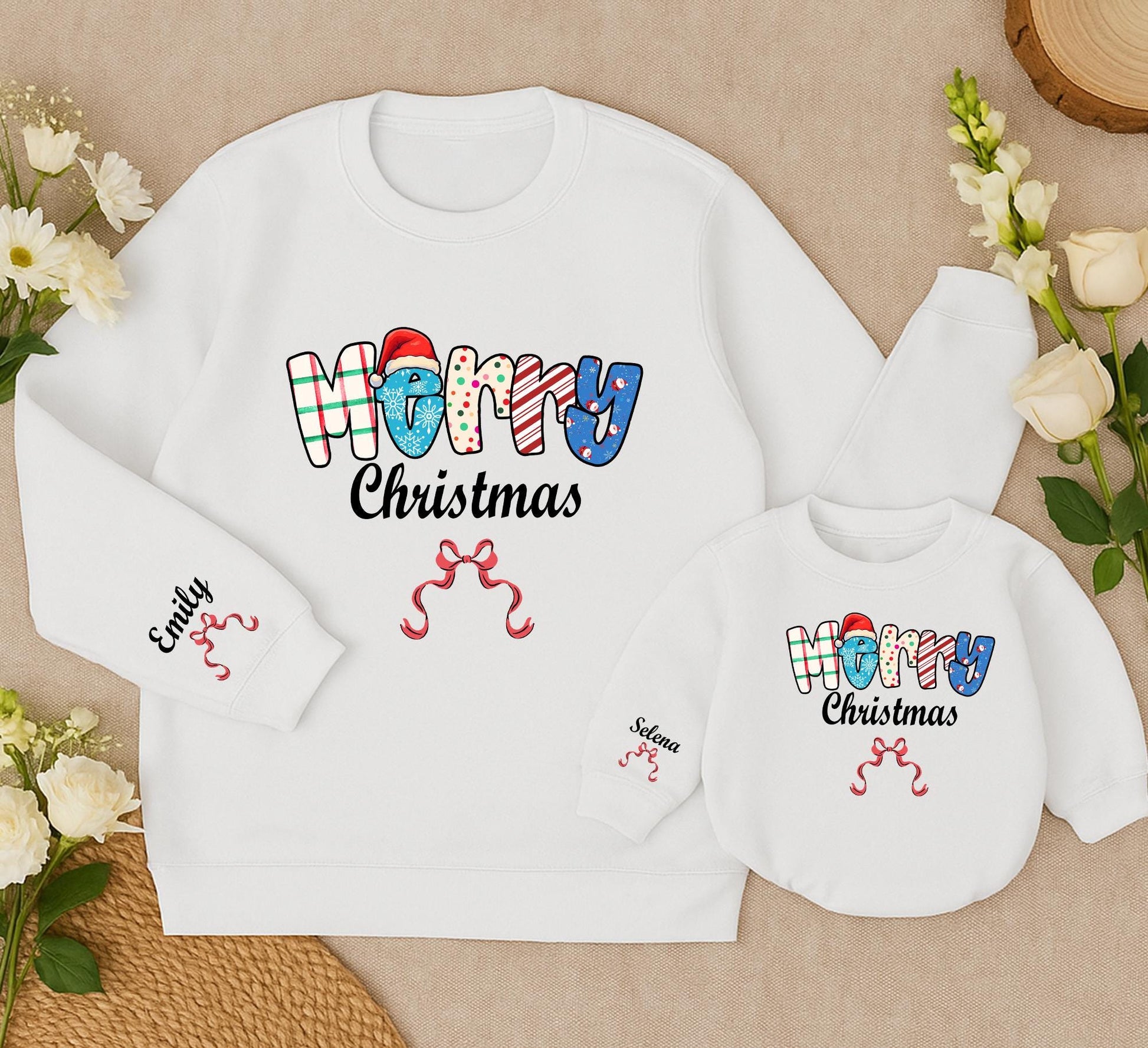 Merry Christmas Sweatshirt Personalized Holiday Sweater with Bows, Trendy Xmas Outfit for Women, Toddler, Baby Romper - Emily & Selena Names 138