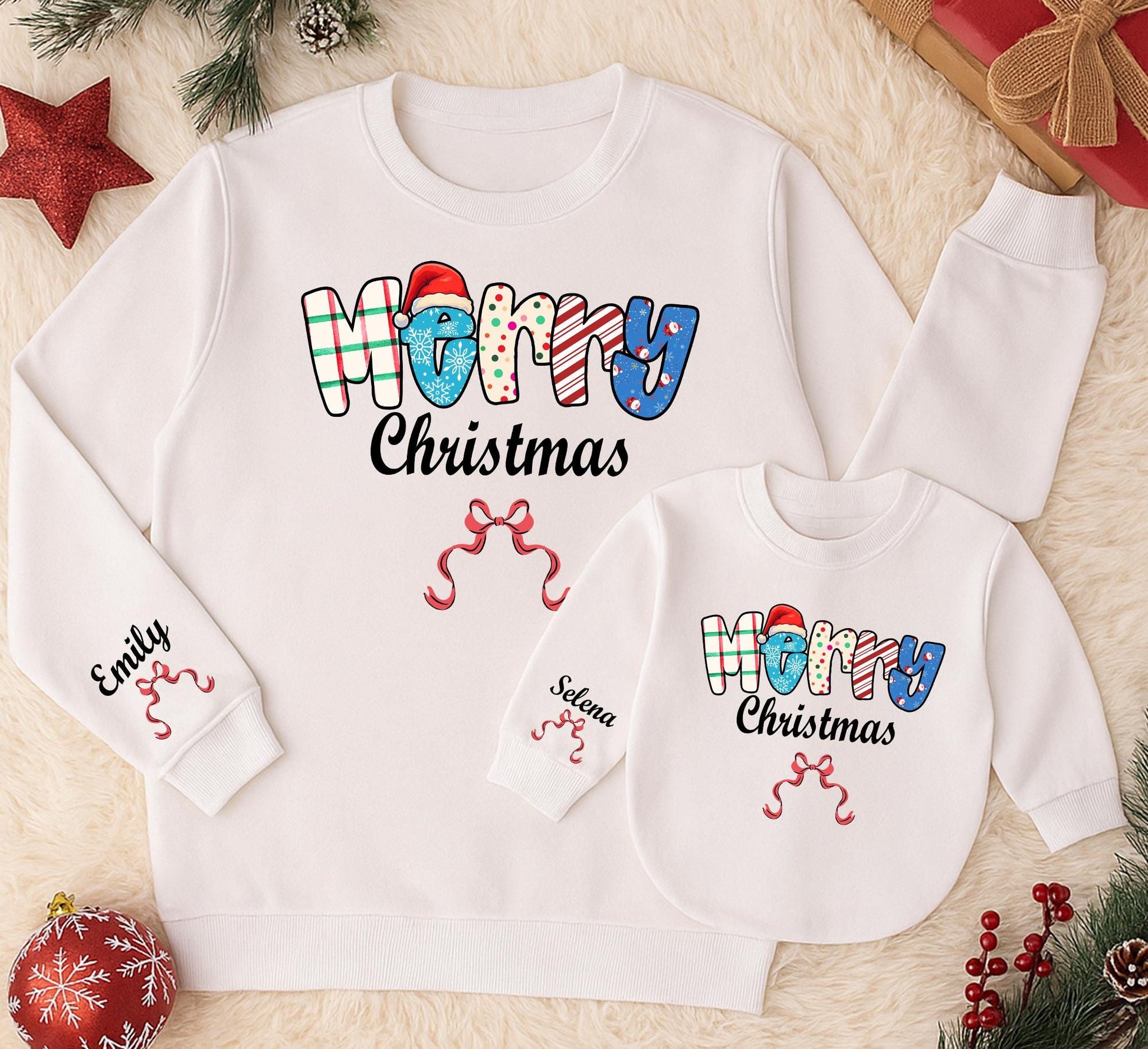 Merry Christmas Sweatshirt Personalized Holiday Sweater with Bows, Trendy Xmas Outfit for Women, Toddler, Baby Romper - Emily & Selena Names 138