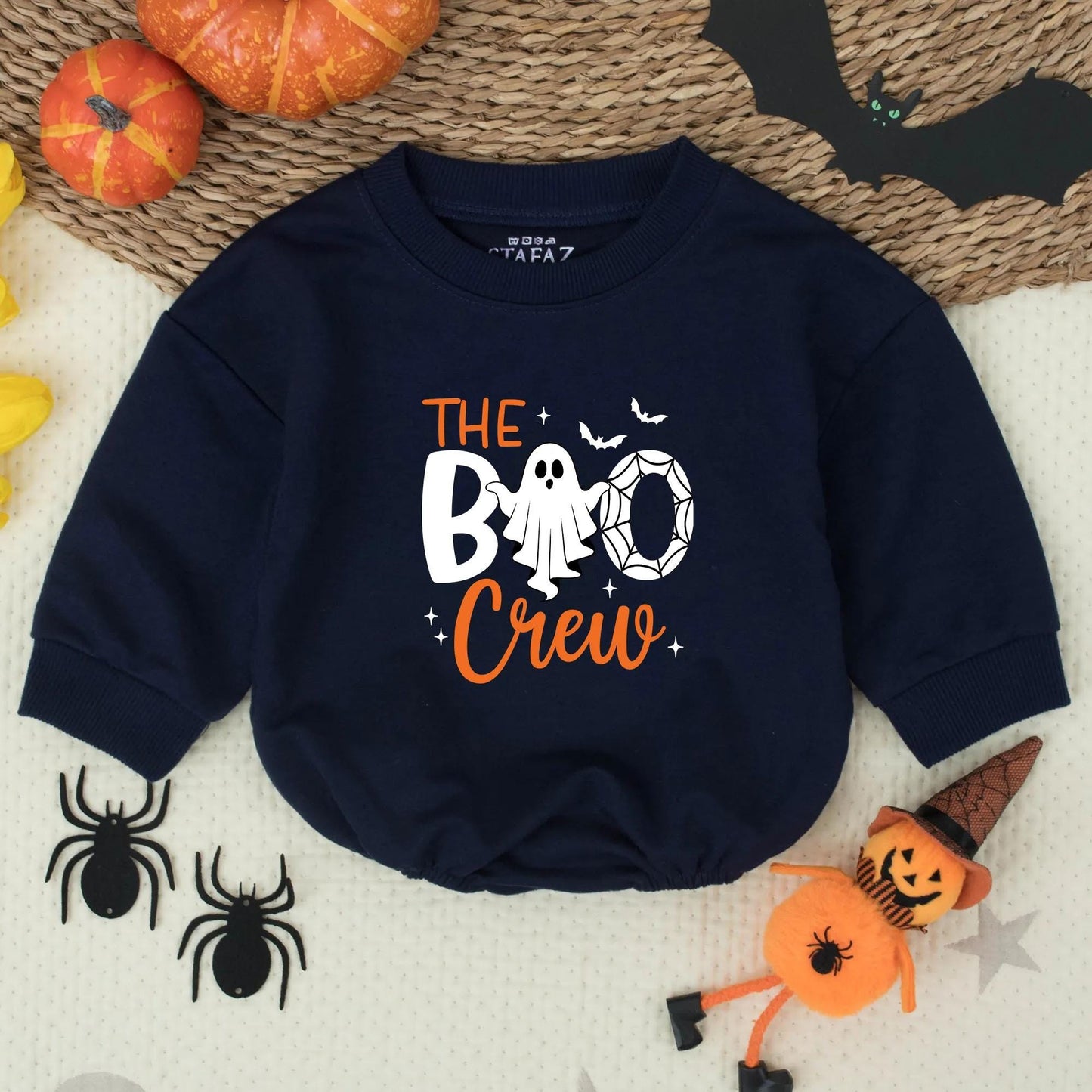Cute Retro Halloween Boo Crew Baby Romper Ghost Spiderweb White Orange Adorable Little Ghost and Bat Accents Fun Baby Boy Outfit Shower Gift