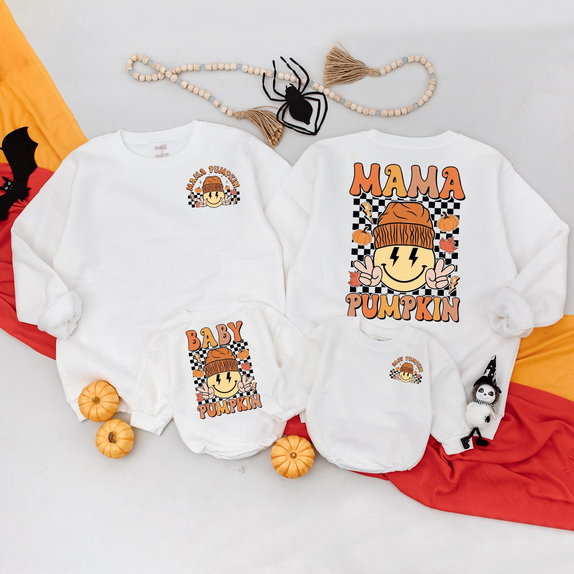 Mommy and Me Mama Pumpkin Baby Pumpkin Matching Fall Halloween Sweatshirt Outfit for Mom & Baby, Retro Smiley Design Cheerful Autumn Thanksgiving Clothes