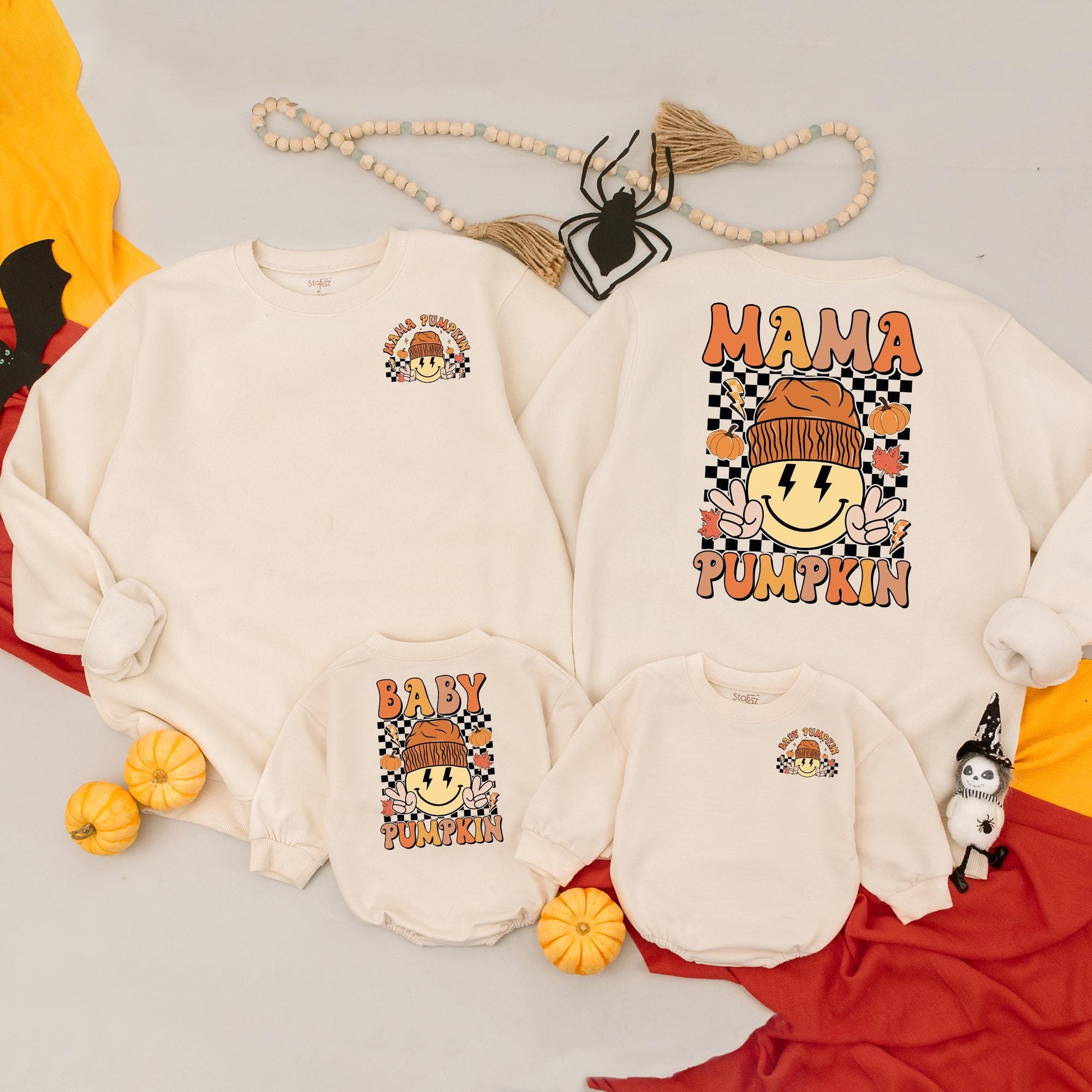 Mommy and Me Mama Pumpkin Baby Pumpkin Matching Fall Halloween Sweatshirt Outfit for Mom & Baby, Retro Smiley Design Cheerful Autumn Thanksgiving Clothes
