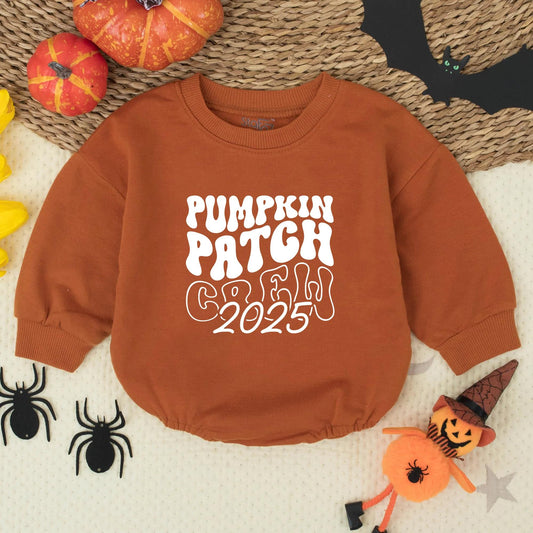 Pumpkin Patch Crew 2025 Romper: Retro Fall Baby Bodysuit, Cute Thanksgiving Outfit, Farm Fresh Style for Newborns & Toddlers, Perfect Pumpkin Picking!