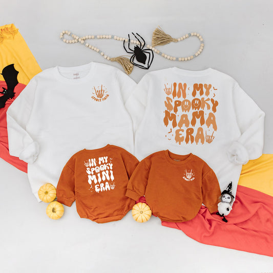 Spooky Mama Era & Mini Matching Halloween Sweatshirt Baby Outfit Mom Baby Rock On Skeleton Hand Warm Orange Autumn Festive Fall Clothes