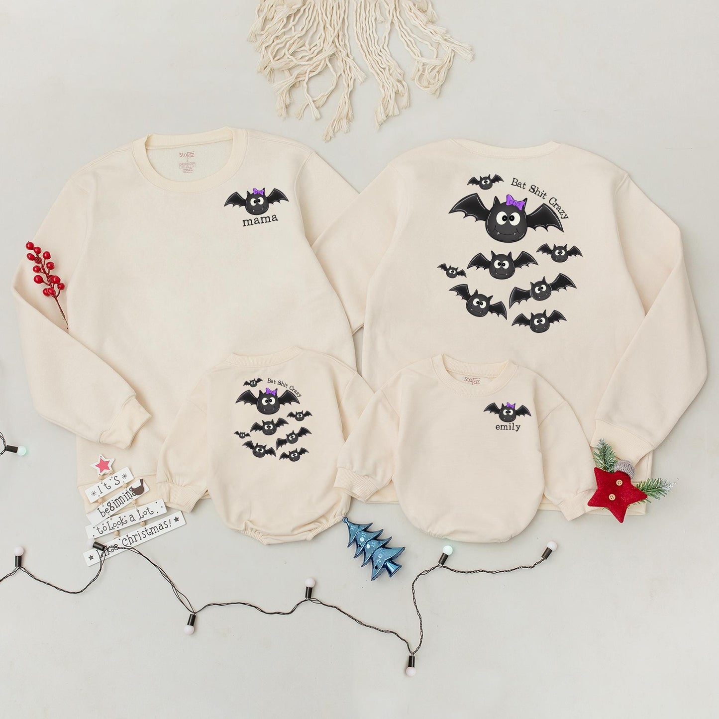 Custom 'Emily' Bat Romper & Mama Sweatshirt Set, Spooky Cute Halloween Matching Outfit, Personalized Mom and Baby Fall Clothes, Bat Shit Crazy Style (138 chars)