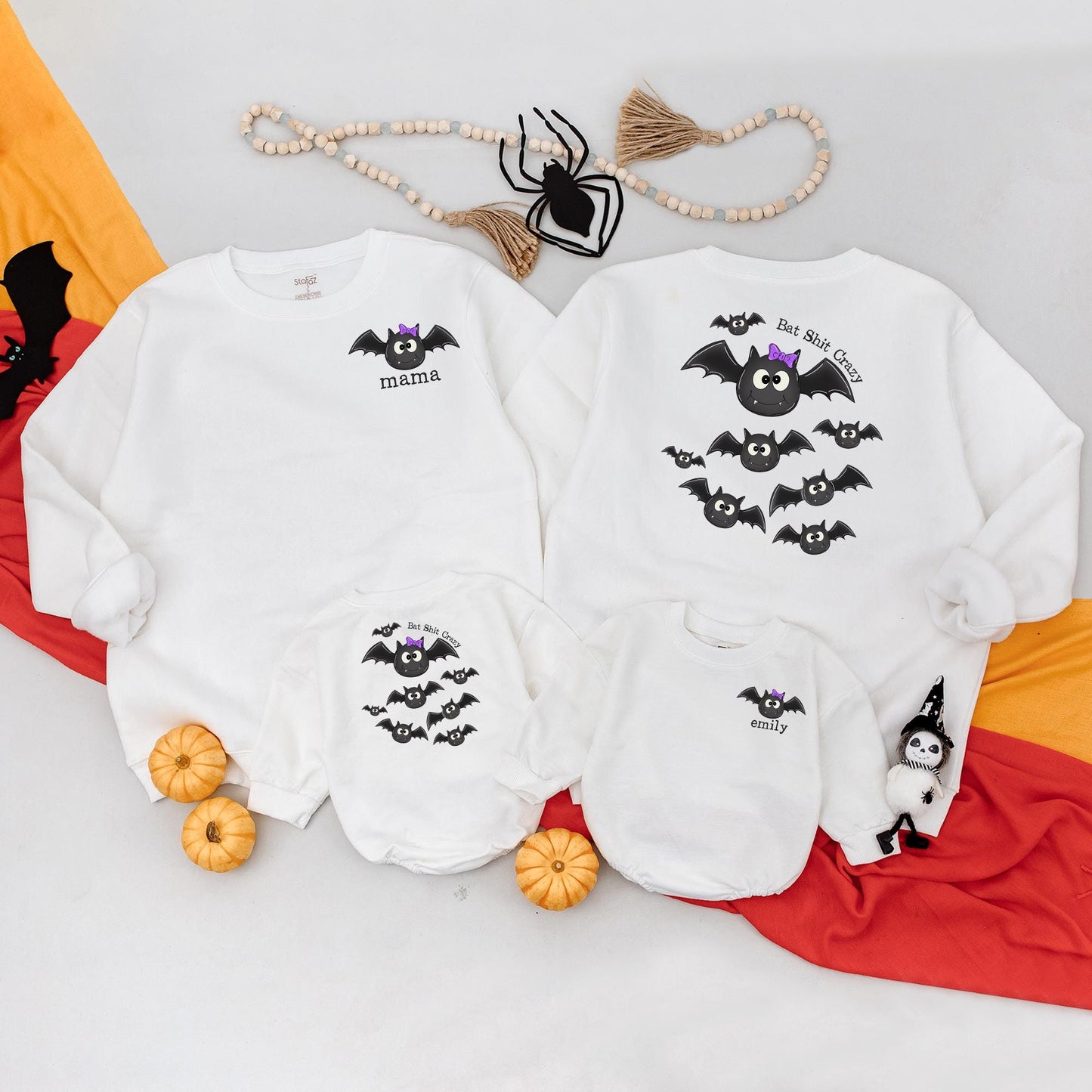 Custom 'Emily' Bat Romper & Mama Sweatshirt Set, Spooky Cute Halloween Matching Outfit, Personalized Mom and Baby Fall Clothes, Bat Shit Crazy Style (138 chars)
