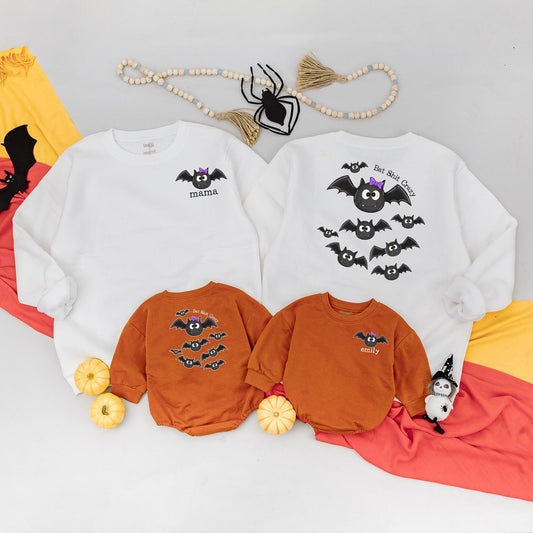 Custom 'Emily' Bat Romper & Mama Sweatshirt Set, Spooky Cute Halloween Matching Outfit, Personalized Mom and Baby Fall Clothes, Bat Shit Crazy Style (138 chars)