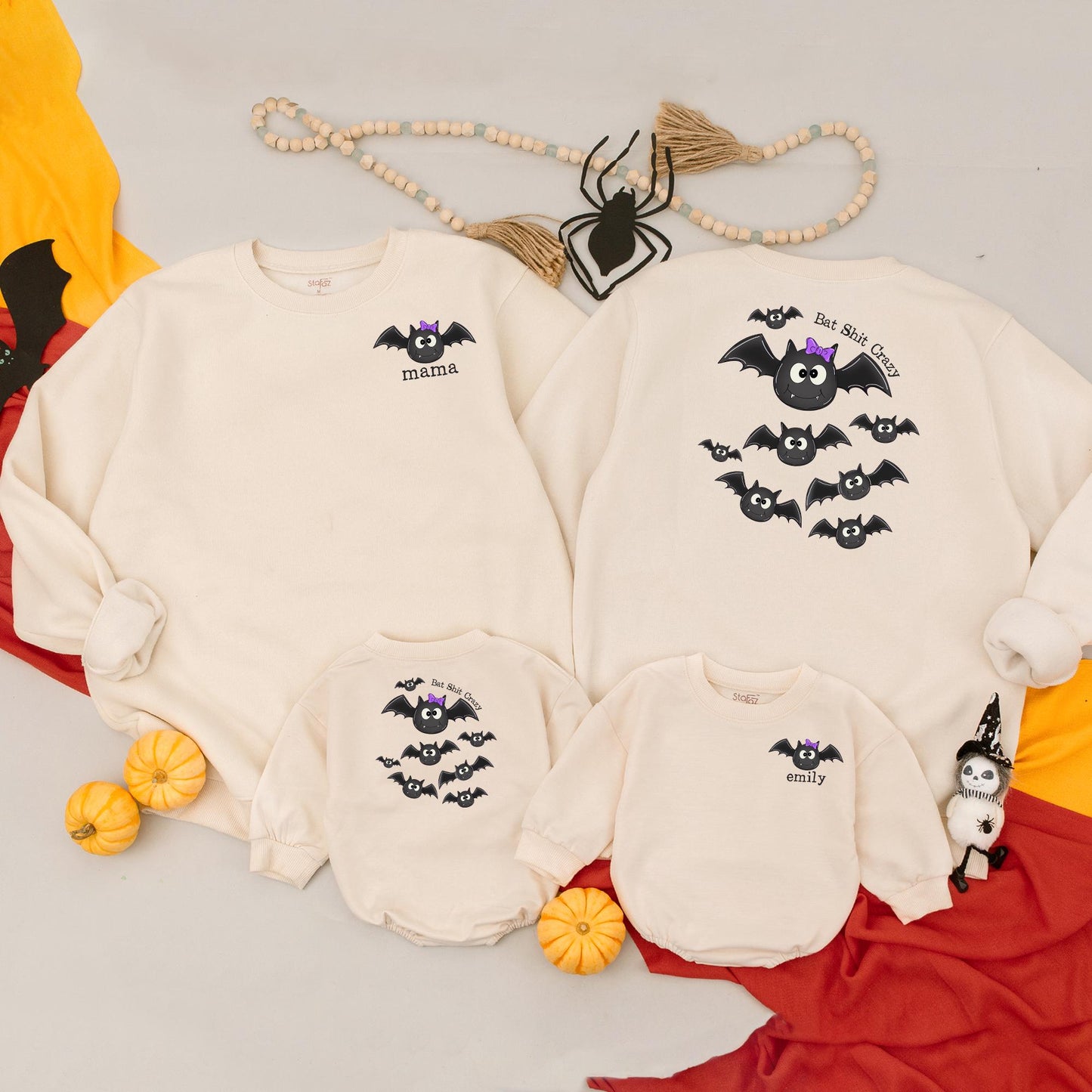 Custom 'Emily' Bat Romper & Mama Sweatshirt Set, Spooky Cute Halloween Matching Outfit, Personalized Mom and Baby Fall Clothes, Bat Shit Crazy Style (138 chars)
