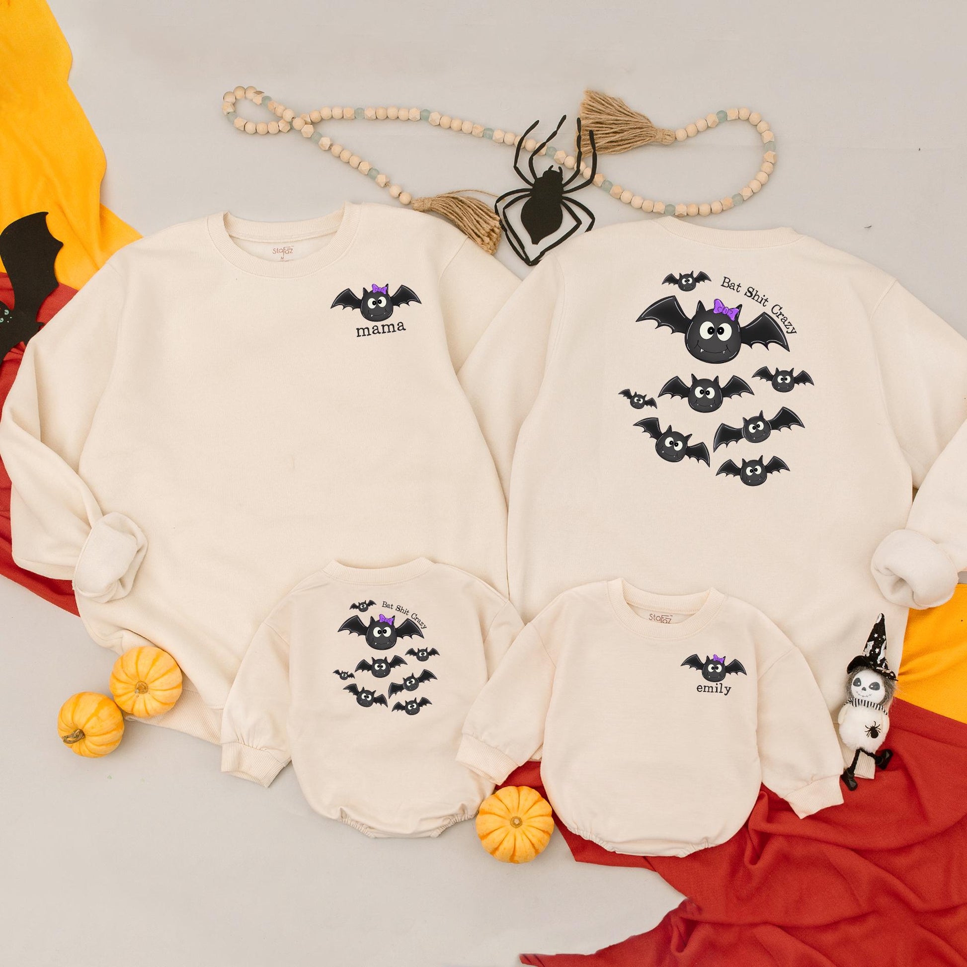 Custom 'Emily' Bat Romper & Mama Sweatshirt Set, Spooky Cute Halloween Matching Outfit, Personalized Mom and Baby Fall Clothes, Bat Shit Crazy Style (138 chars)