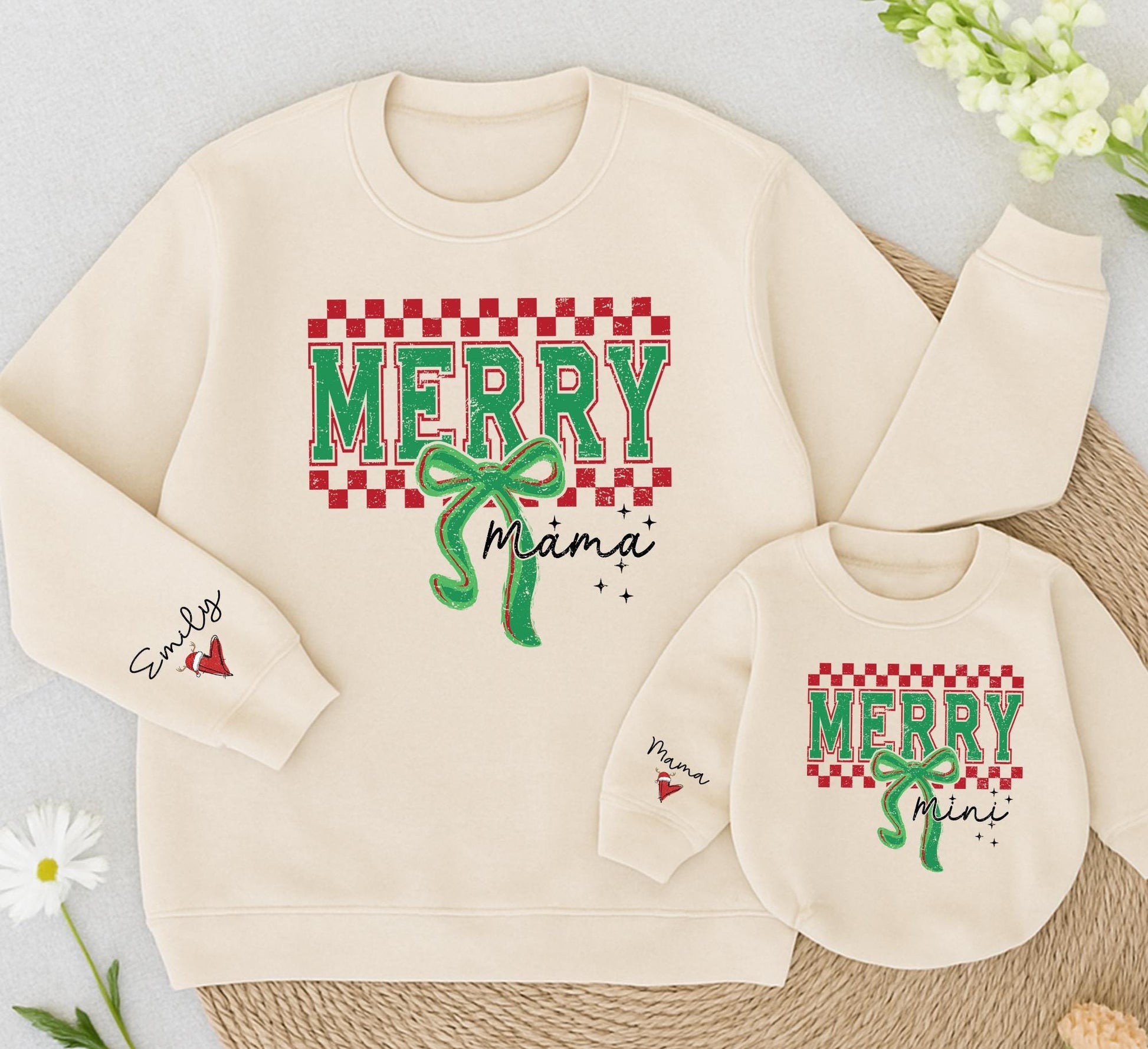 Personalized Merry Mama Mini Matching Christmas Sweatshirt Mom Daughter Baby Holiday Sweater with Emily Santa Hat Green Red Checkerboard Distressed