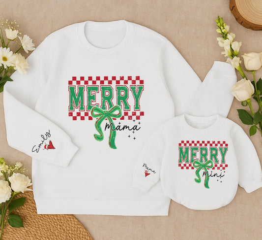 Personalized Merry Mama Mini Matching Christmas Sweatshirt Mom Daughter Baby Holiday Sweater with Emily Santa Hat Green Red Checkerboard Distressed