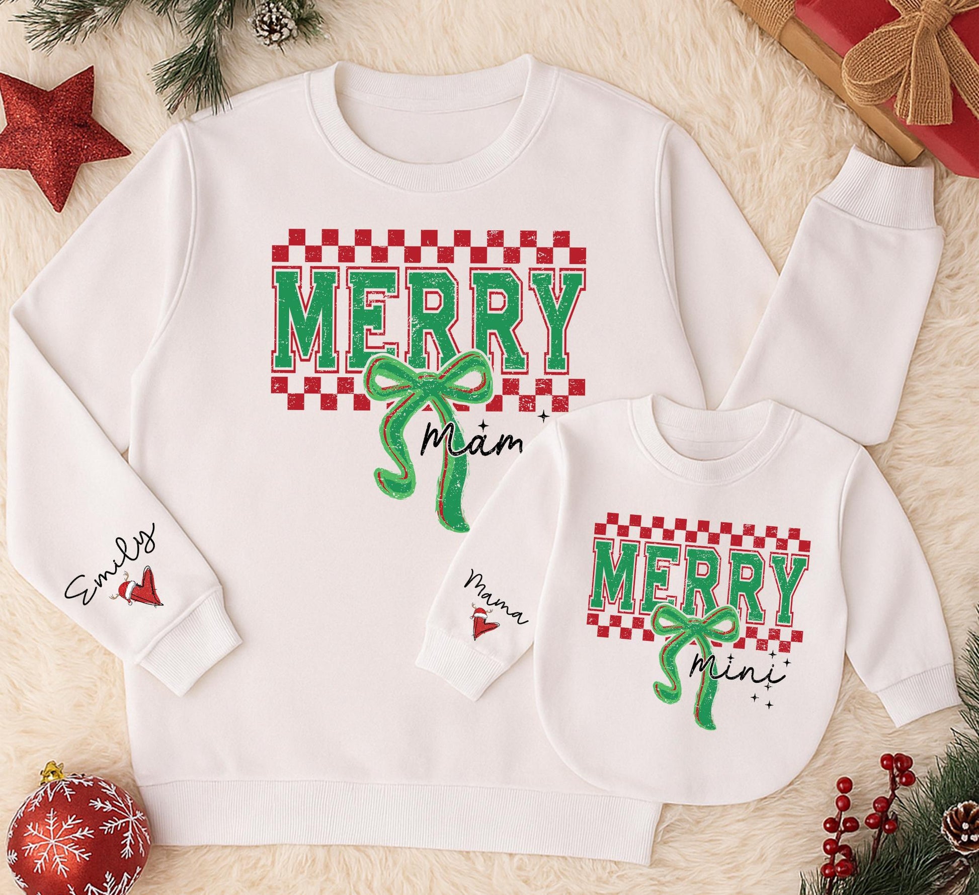 Personalized Merry Mama Mini Matching Christmas Sweatshirt Mom Daughter Baby Holiday Sweater with Emily Santa Hat Green Red Checkerboard Distressed