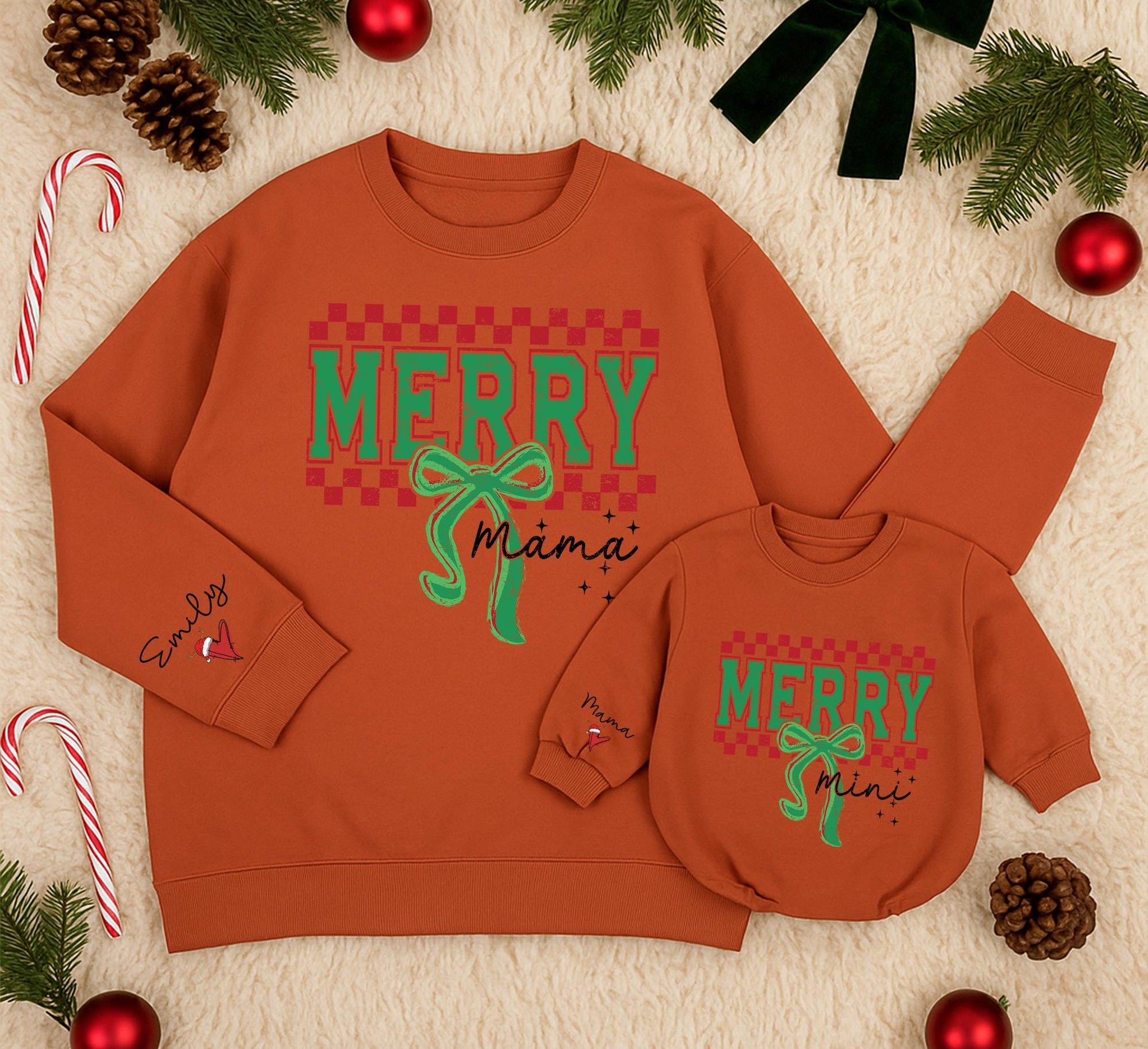 Personalized Merry Mama Mini Matching Christmas Sweatshirt Mom Daughter Baby Holiday Sweater with Emily Santa Hat Green Red Checkerboard Distressed