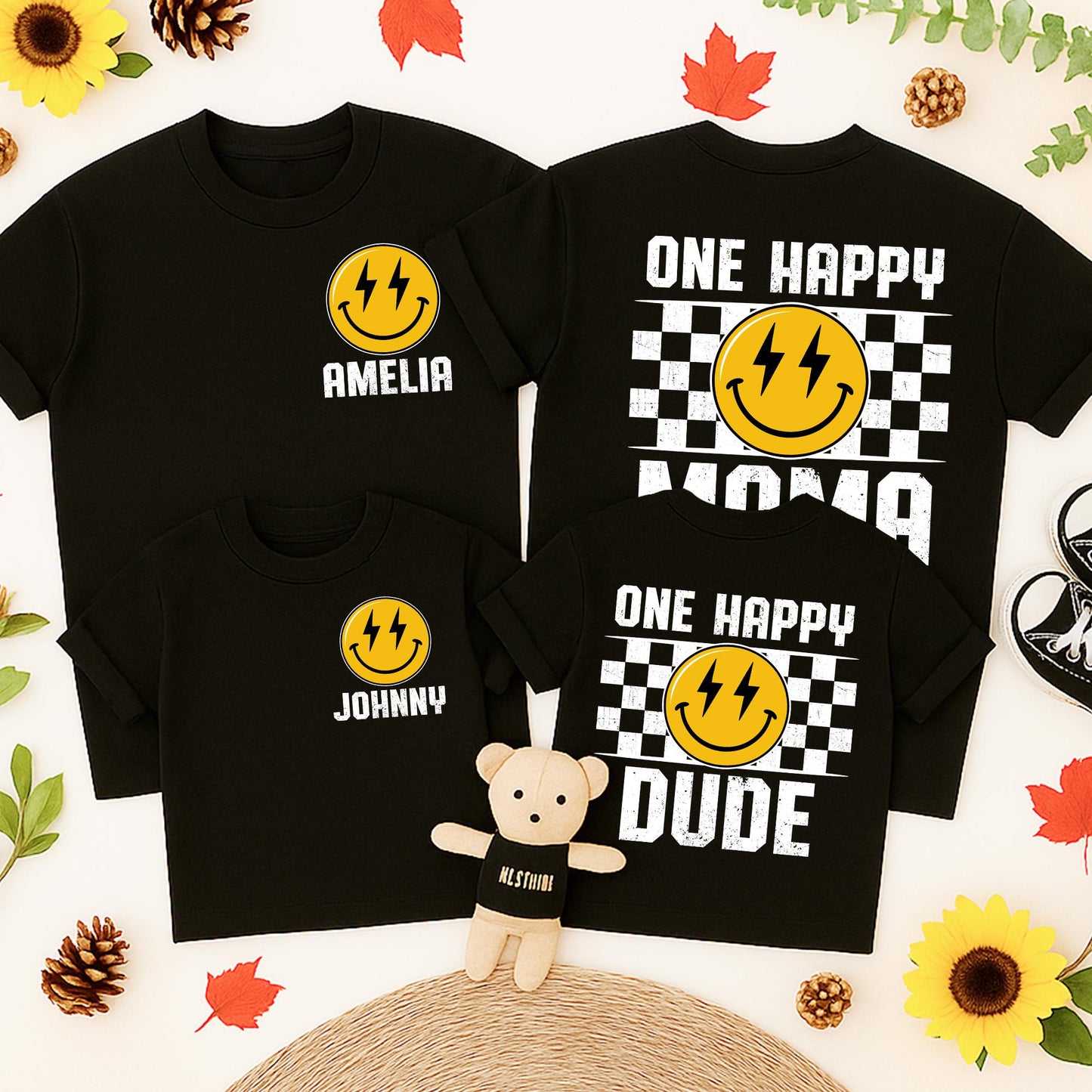 One Happy Dude Retro Smiley Face Lightning Eyes Birthday Shirt Custom Name Family Tees 1st Birthday Outfit