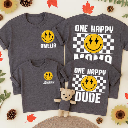 One Happy Dude Retro Smiley Face Lightning Eyes Birthday Shirt Custom Name Family Tees 1st Birthday Outfit