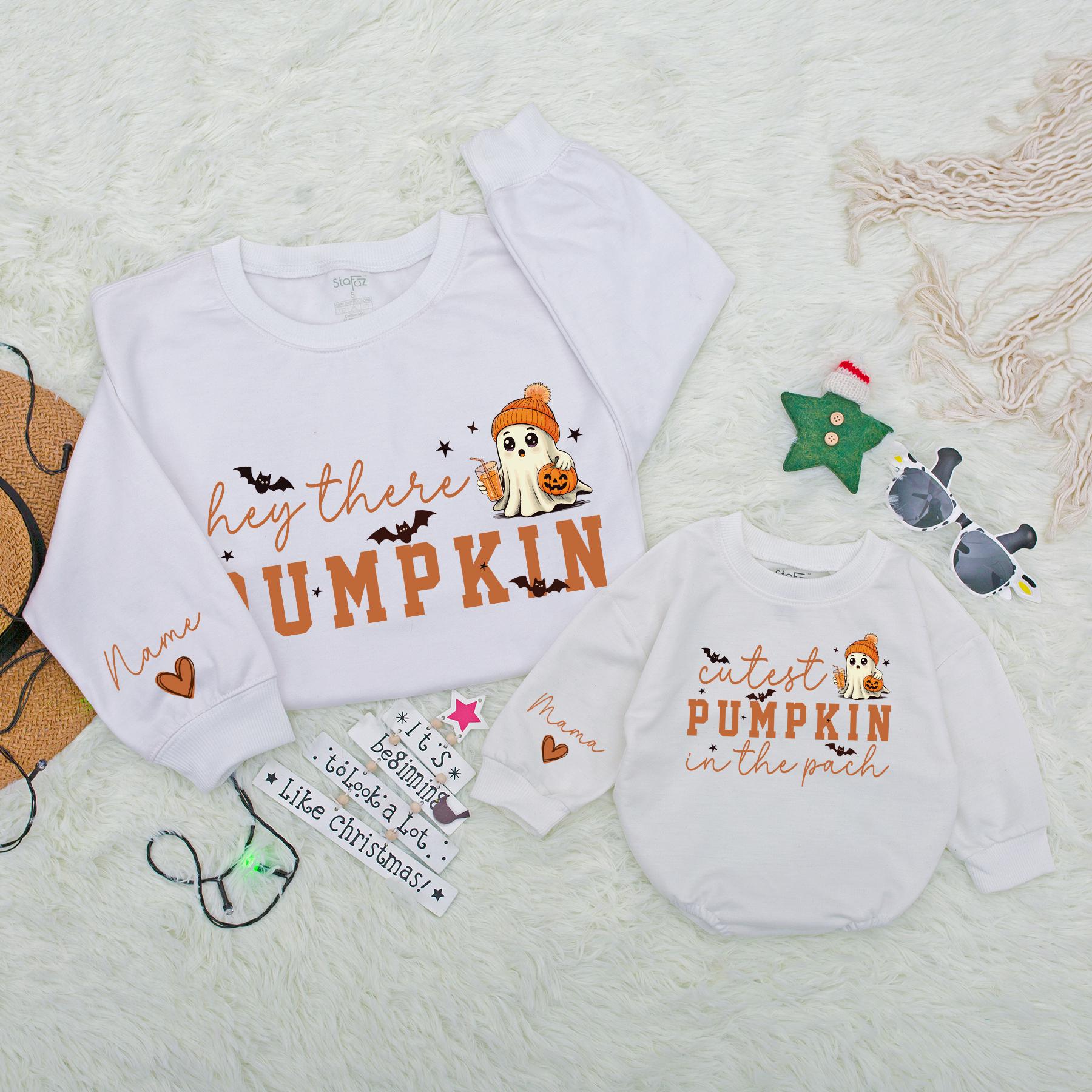 Hey There Pumpkin Matching Family Sweatshirt Romper Set, Cutest Ghost Halloween Outfit, Fall Mommy and Me Clothes, Spooky Season Baby Outfit 139