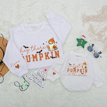 Hey There Pumpkin Matching Family Sweatshirt Romper Set, Cutest Ghost Halloween Outfit, Fall Mommy and Me Clothes, Spooky Season Baby Outfit 139