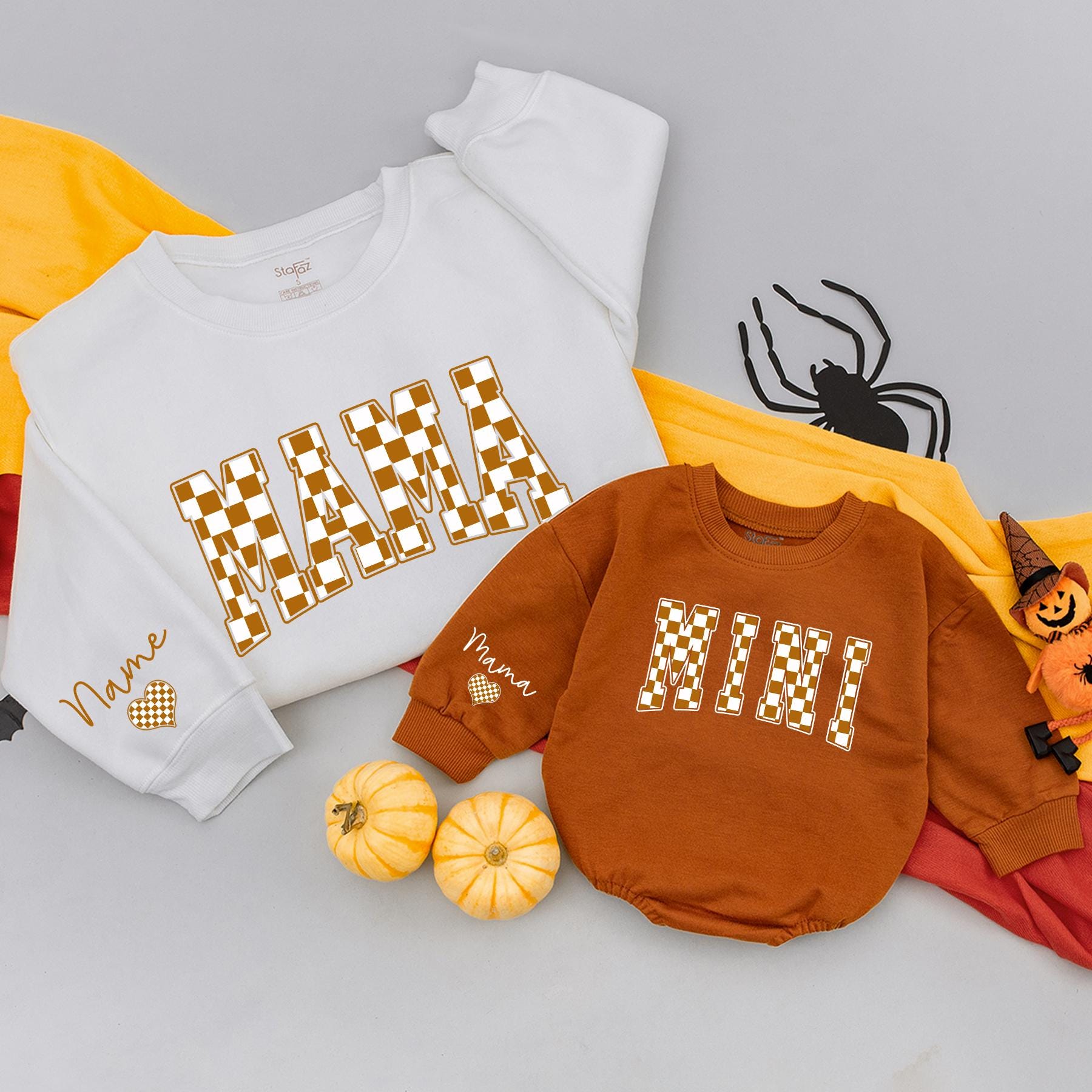 Matching Mama Mini Plaid Sweatshirt Set Fall Outfit Mom Baby Clothes Custom Name Heart, Autumn Family Matching Gifts