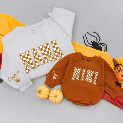 Matching Mama Mini Plaid Sweatshirt Set Fall Outfit Mom Baby Clothes Custom Name Heart, Autumn Family Matching Gifts