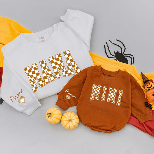 Matching Mama Mini Plaid Sweatshirt Set Fall Outfit Mom Baby Clothes Custom Name Heart, Autumn Family Matching Gifts