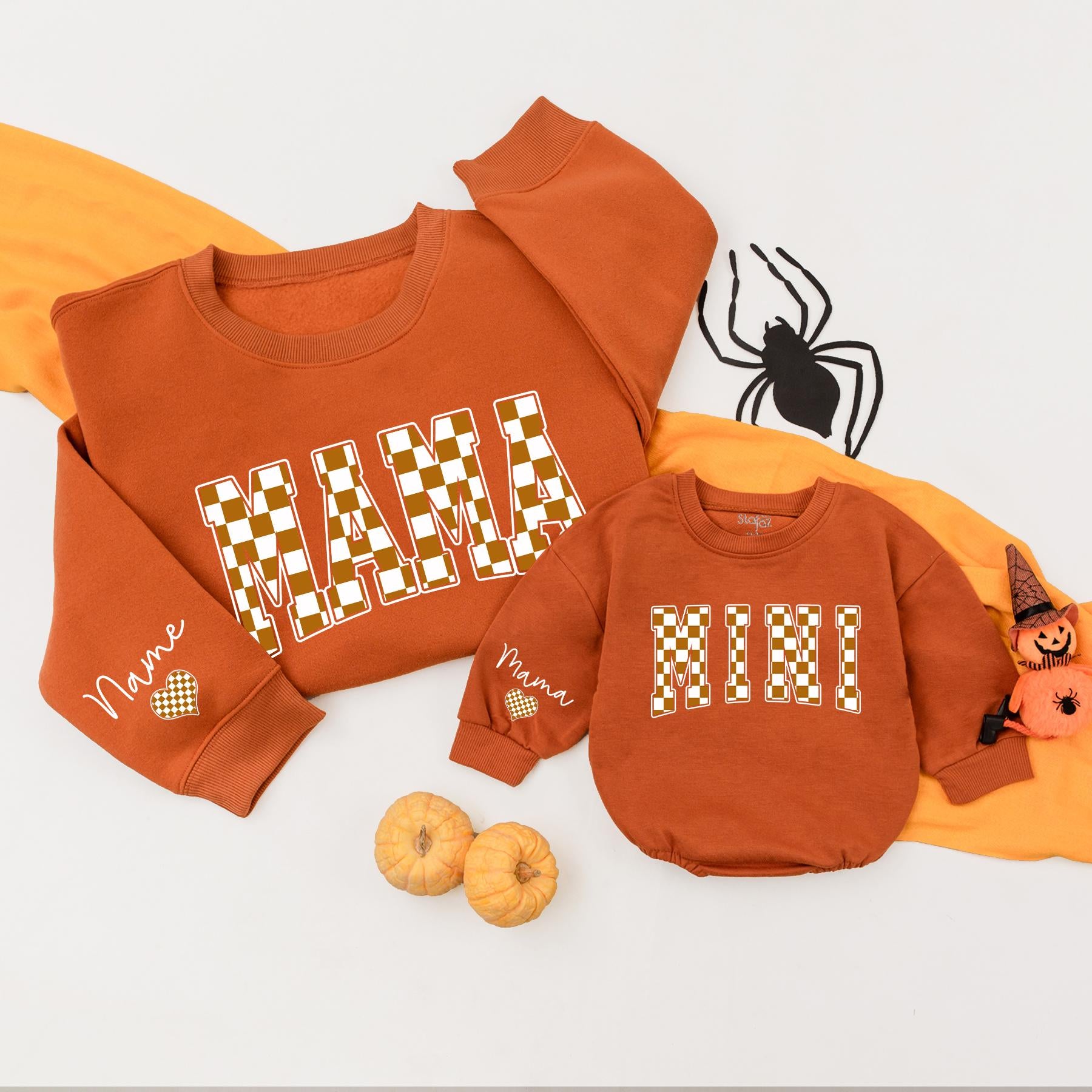 Matching Mama Mini Plaid Sweatshirt Set Fall Outfit Mom Baby Clothes Custom Name Heart, Autumn Family Matching Gifts