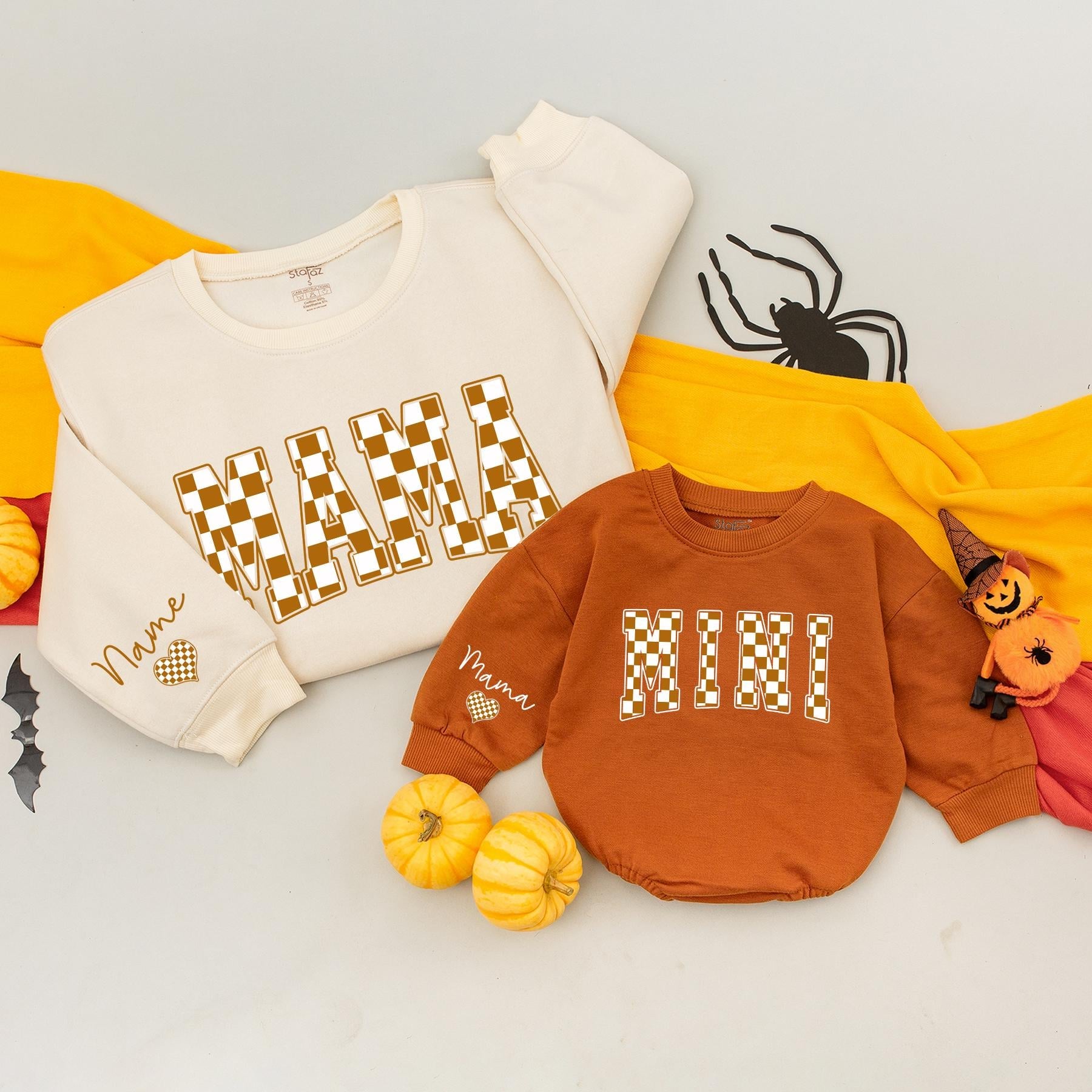 Matching Mama Mini Plaid Sweatshirt Set Fall Outfit Mom Baby Clothes Custom Name Heart, Autumn Family Matching Gifts