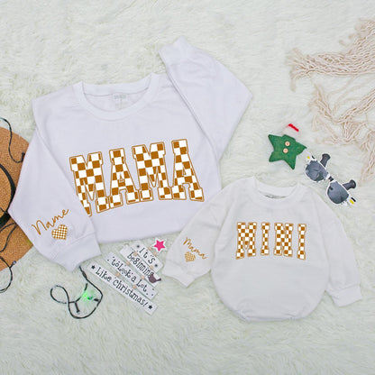 Matching Mama Mini Plaid Sweatshirt Set Fall Outfit Mom Baby Clothes Custom Name Heart, Autumn Family Matching Gifts