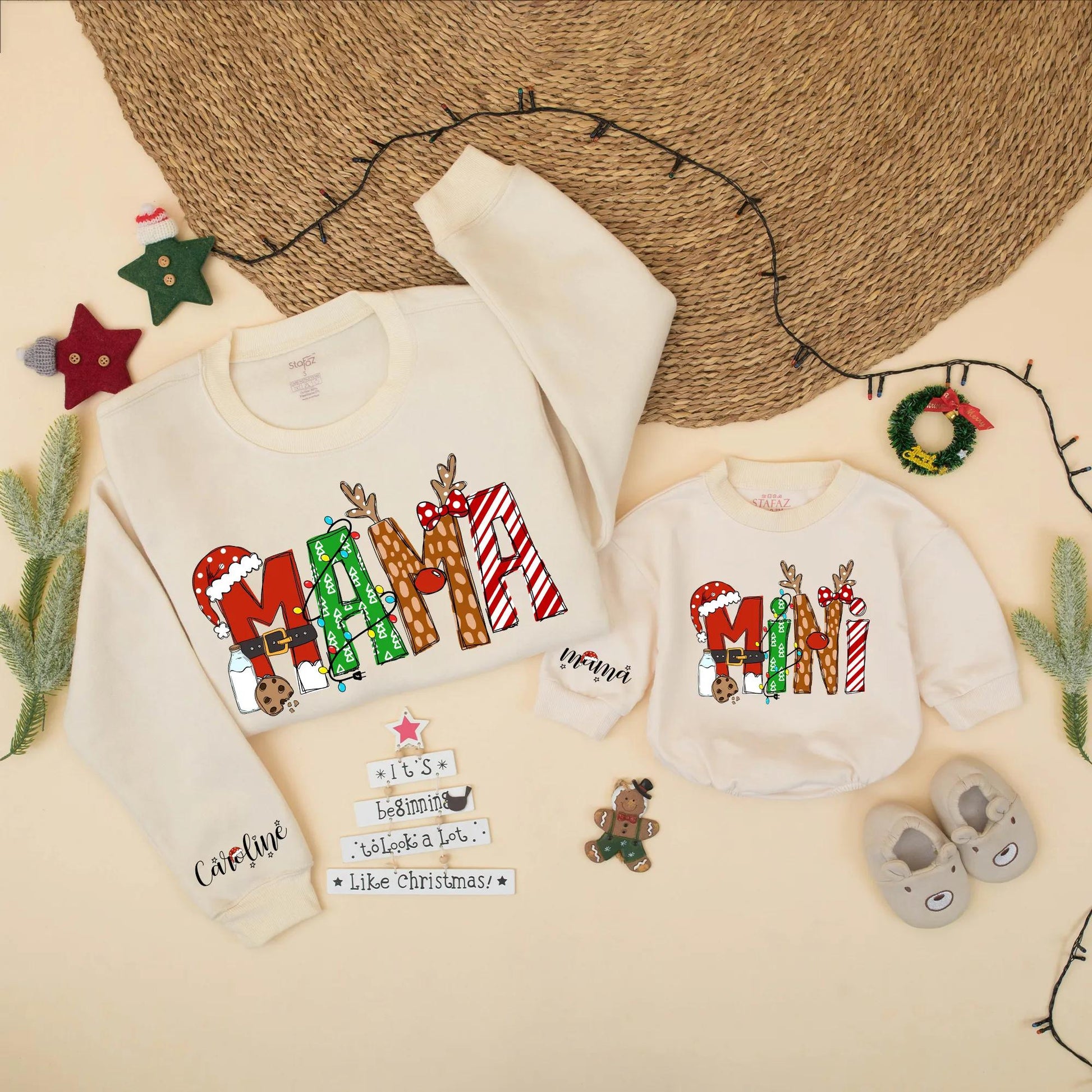 Matching Christmas Mama and Mini Sweatshirts, Festive Holiday Family Outfits with Santa Hats & Candy Cane Stripes, Mom and Daughter Gift (139 chars)