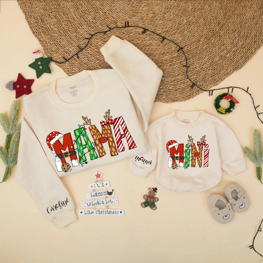 Matching Christmas Mama and Mini Sweatshirts, Festive Holiday Family Outfits with Santa Hats & Candy Cane Stripes, Mom and Daughter Gift (139 chars)