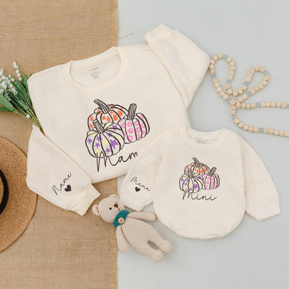 Personalized Mama and Mini Pumpkin Matching Fall Sweatshirt Outfit, Mommy and Me, Baby Girl Clothes, Autumn Family Gift, Custom Heart Wrist
