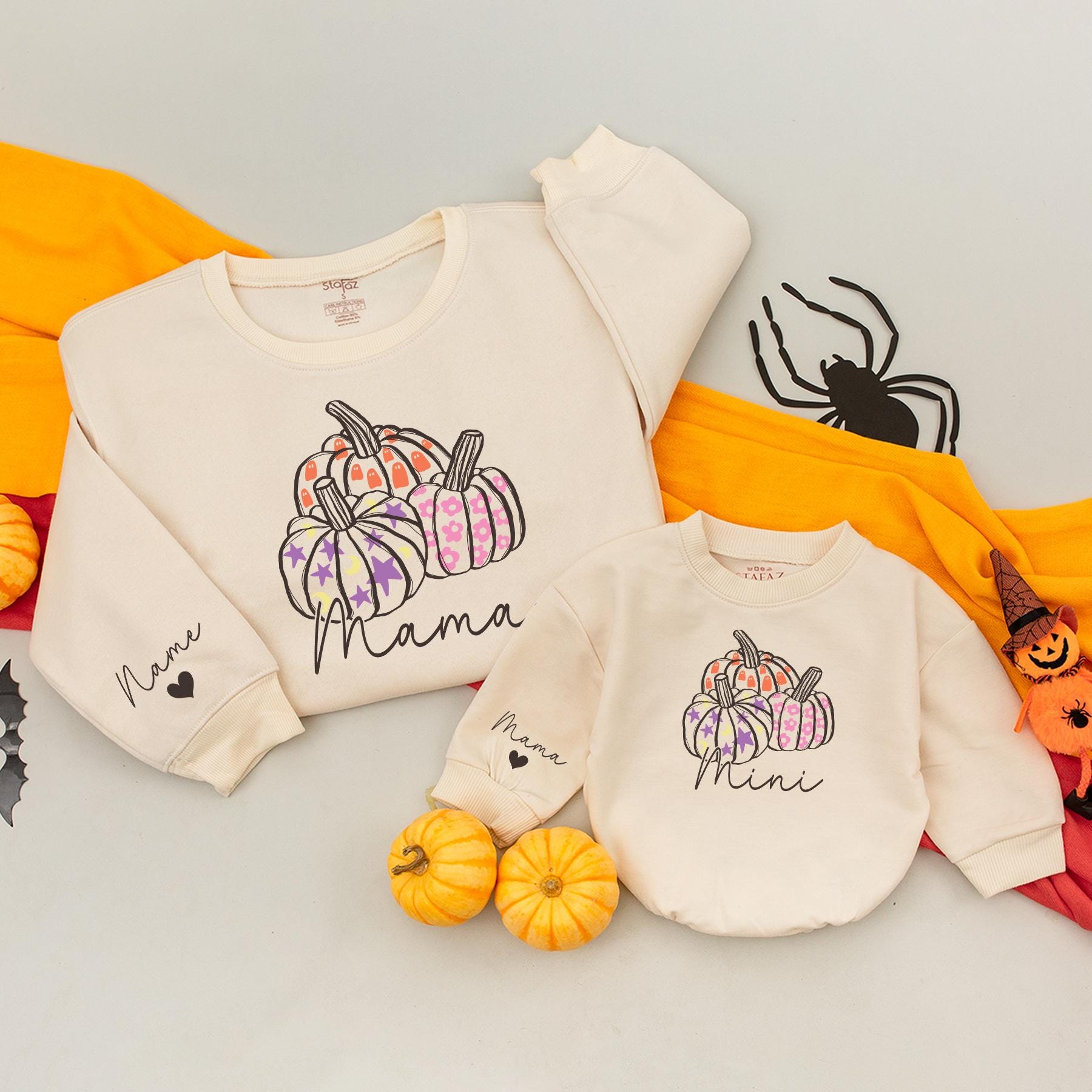 Personalized Mama and Mini Pumpkin Matching Fall Sweatshirt Outfit, Mommy and Me, Baby Girl Clothes, Autumn Family Gift, Custom Heart Wrist