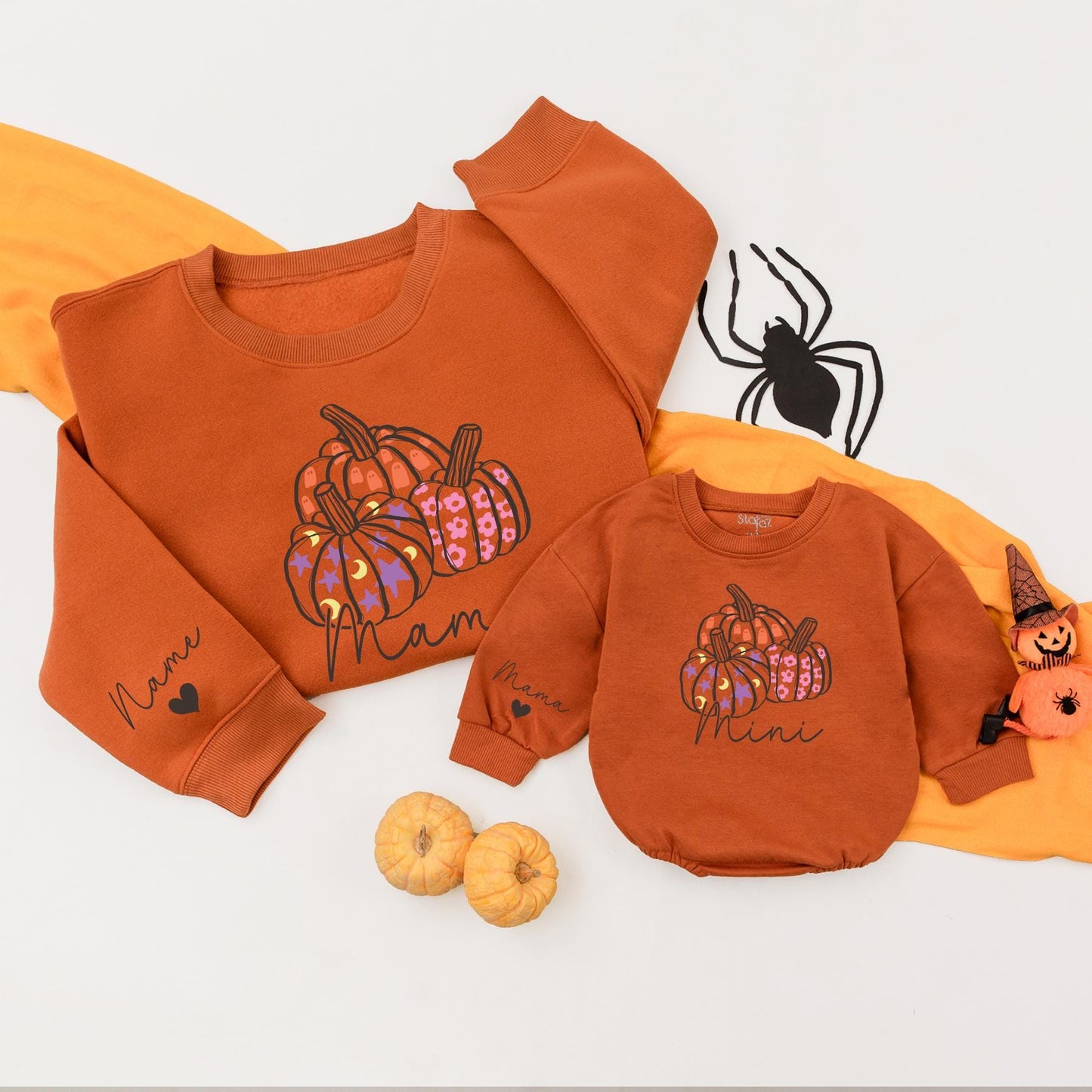 Personalized Mama and Mini Pumpkin Matching Fall Sweatshirt Outfit, Mommy and Me, Baby Girl Clothes, Autumn Family Gift, Custom Heart Wrist
