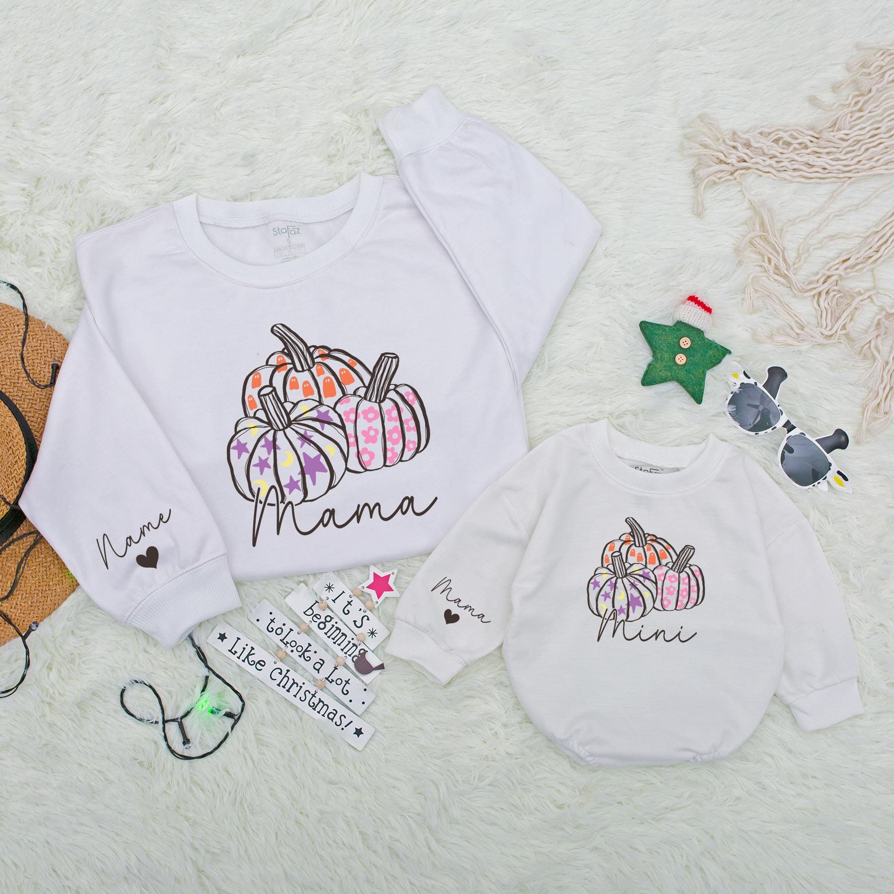 Personalized Mama and Mini Pumpkin Matching Fall Sweatshirt Outfit, Mommy and Me, Baby Girl Clothes, Autumn Family Gift, Custom Heart Wrist