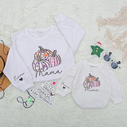 Personalized Mama and Mini Pumpkin Matching Fall Sweatshirt Outfit, Mommy and Me, Baby Girl Clothes, Autumn Family Gift, Custom Heart Wrist