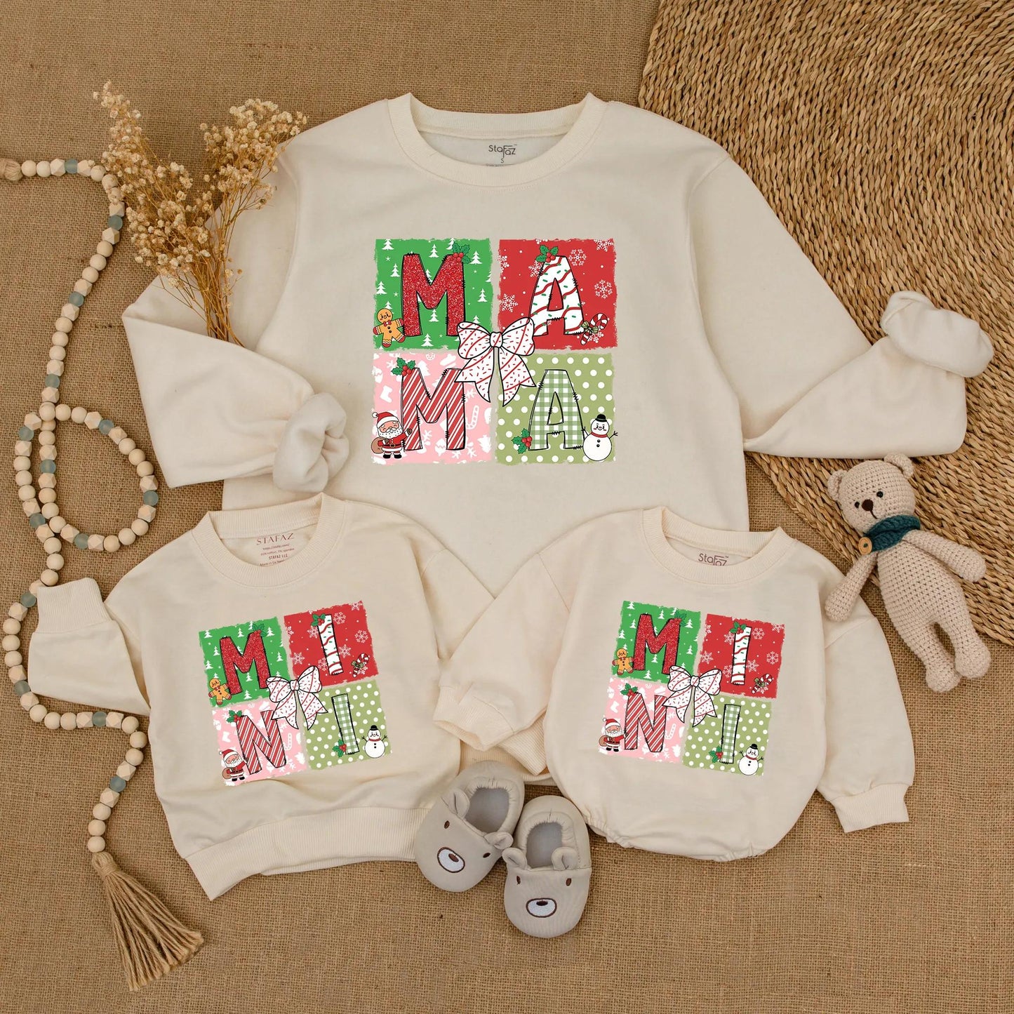 Festive Mama & Mini Christmas Sweatshirts, Matching Mommy and Me Holiday Sweaters, Playful Red Green Pink Graphic Outfit Cute Mother Daughter Gift
