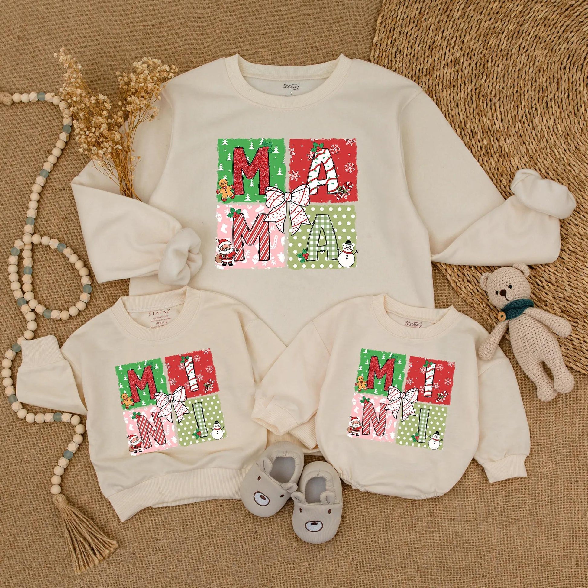 Festive Mama & Mini Christmas Sweatshirts, Matching Mommy and Me Holiday Sweaters, Playful Red Green Pink Graphic Outfit Cute Mother Daughter Gift