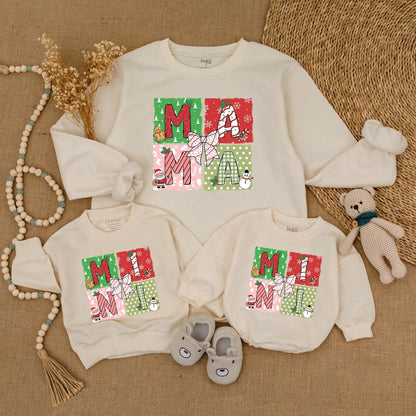 Festive Mama & Mini Christmas Sweatshirts, Matching Mommy and Me Holiday Sweaters, Playful Red Green Pink Graphic Outfit Cute Mother Daughter Gift
