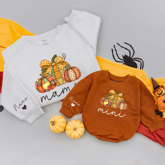 Personalized Mama Mini Matching Fall Sweatshirt Outfit with Plaid Pumpkins, festive Autumn Family Clothes, Cozy Cursive Print Mom Baby Gift