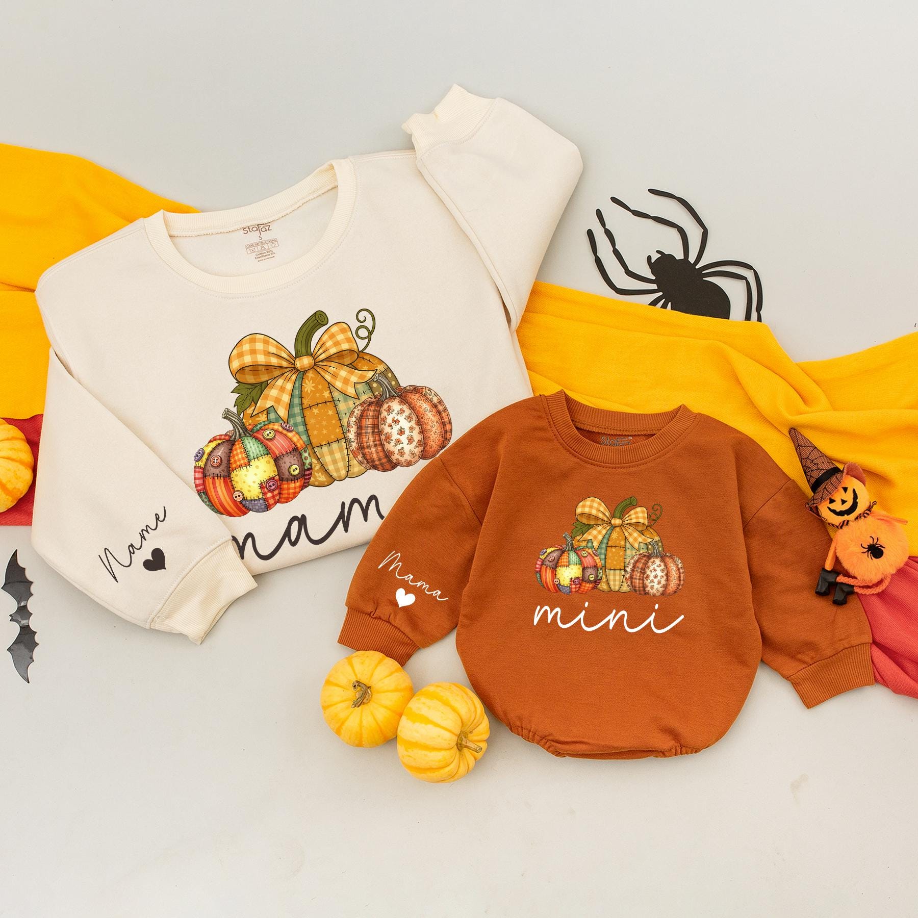 Personalized Mama Mini Matching Fall Sweatshirt Outfit with Plaid Pumpkins, festive Autumn Family Clothes, Cozy Cursive Print Mom Baby Gift