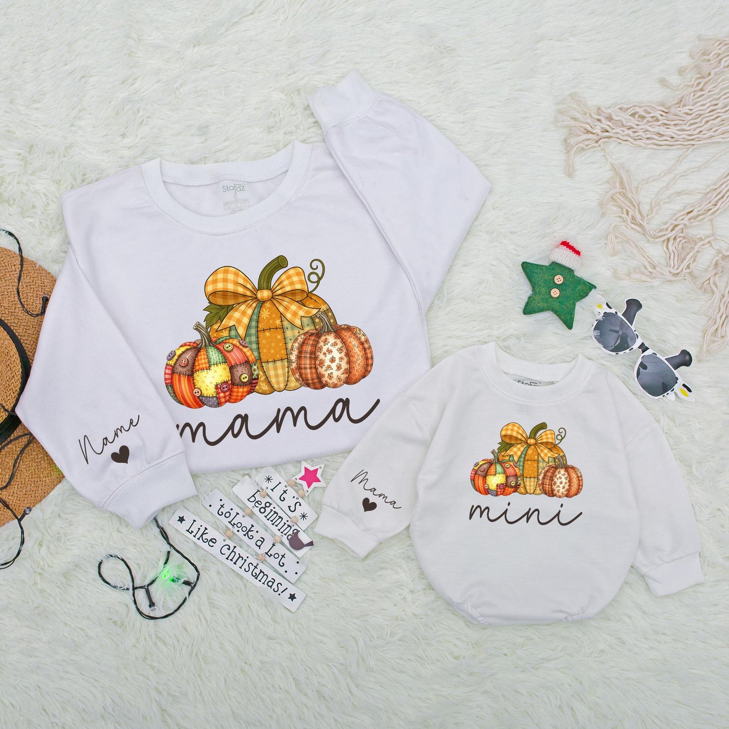 Personalized Mama Mini Matching Fall Sweatshirt Outfit with Plaid Pumpkins, festive Autumn Family Clothes, Cozy Cursive Print Mom Baby Gift