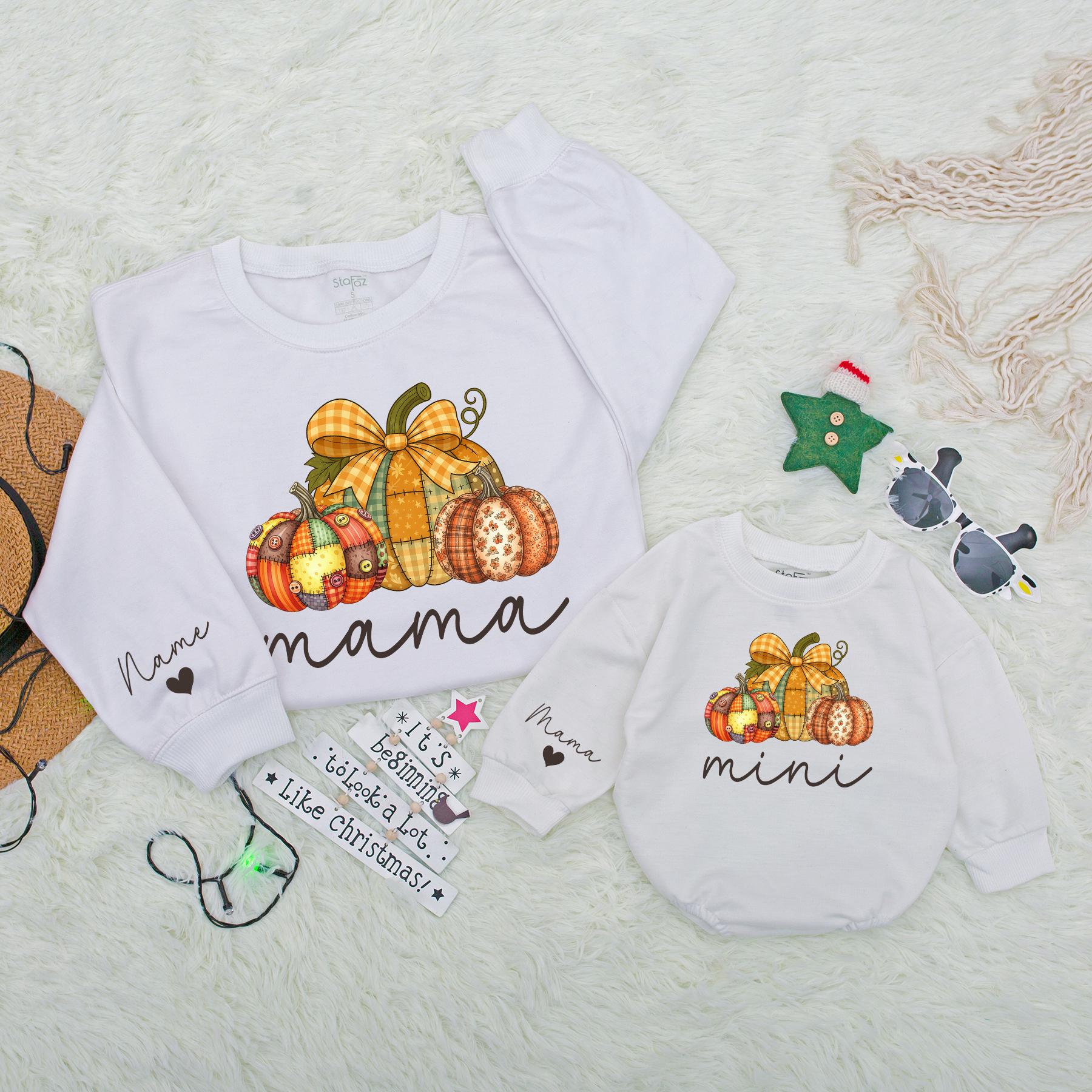 Personalized Mama Mini Matching Fall Sweatshirt Outfit with Plaid Pumpkins, festive Autumn Family Clothes, Cozy Cursive Print Mom Baby Gift