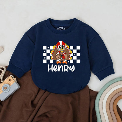 Henry's First Thanksgiving Football Romper, Custom Turkey Day Baby Outfit, Game Day Bodysuit, Fall Sport Clothes, Personalized Little Turkey Romper (139 chars)