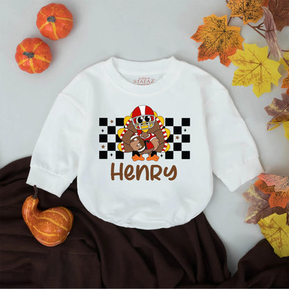 Henry's First Thanksgiving Football Romper, Custom Turkey Day Baby Outfit, Game Day Bodysuit, Fall Sport Clothes, Personalized Little Turkey Romper (139 chars)